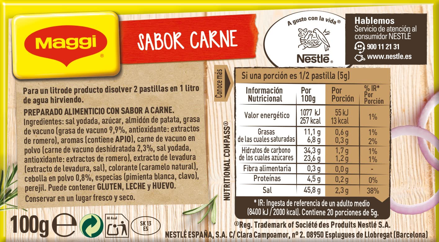 MAGGI Caldo de Carne deshidratado Pack 20 x 10 pastillas 10g Total 200 cubitos