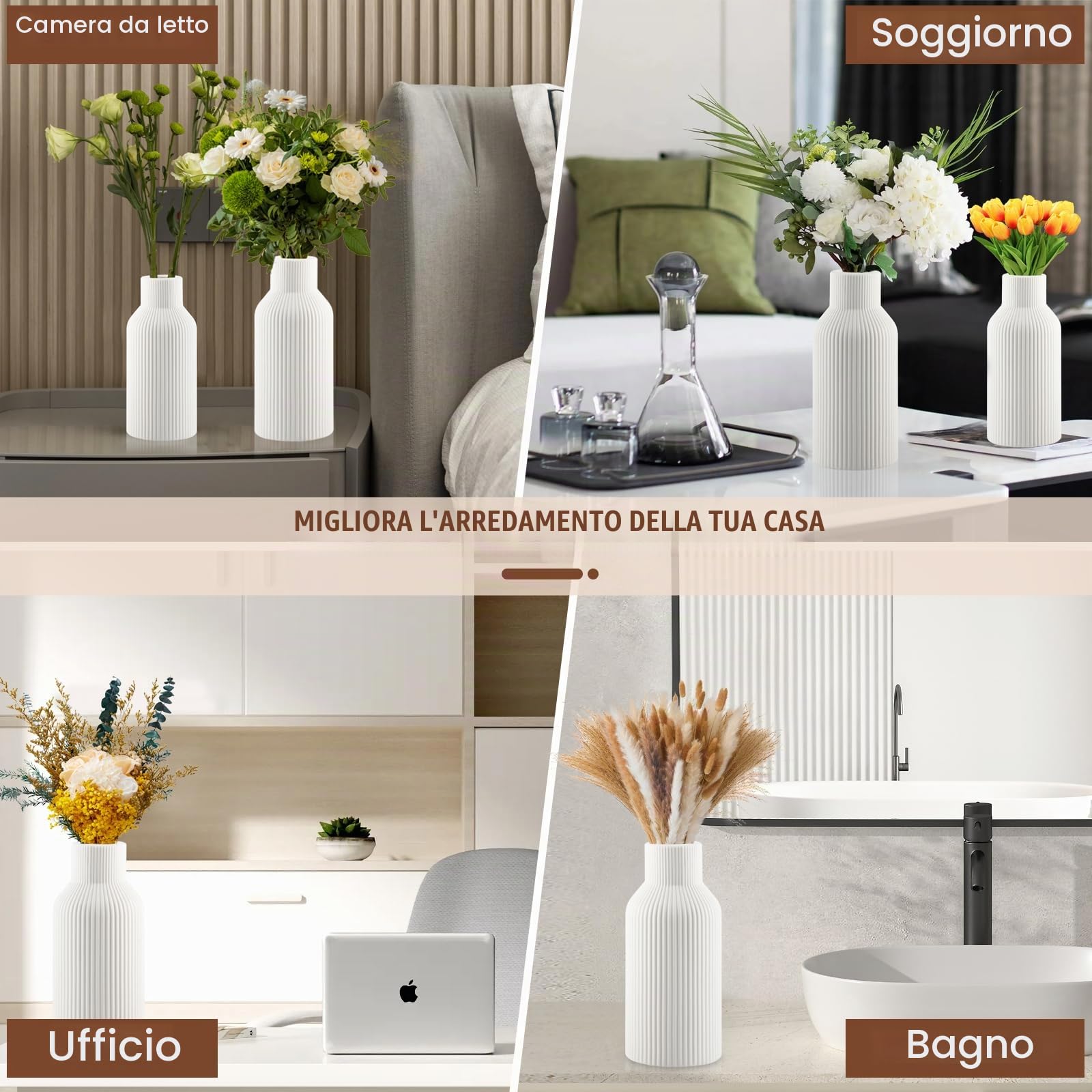 Vaso Fiori FoiiLiio Vaso Bianco in Ceramica Set di 3 (Grande+Media+Piccola) Vasi Decorativi Interno Moderni per Erba Pampa, Fiori Freschi, Fiori Secchi
