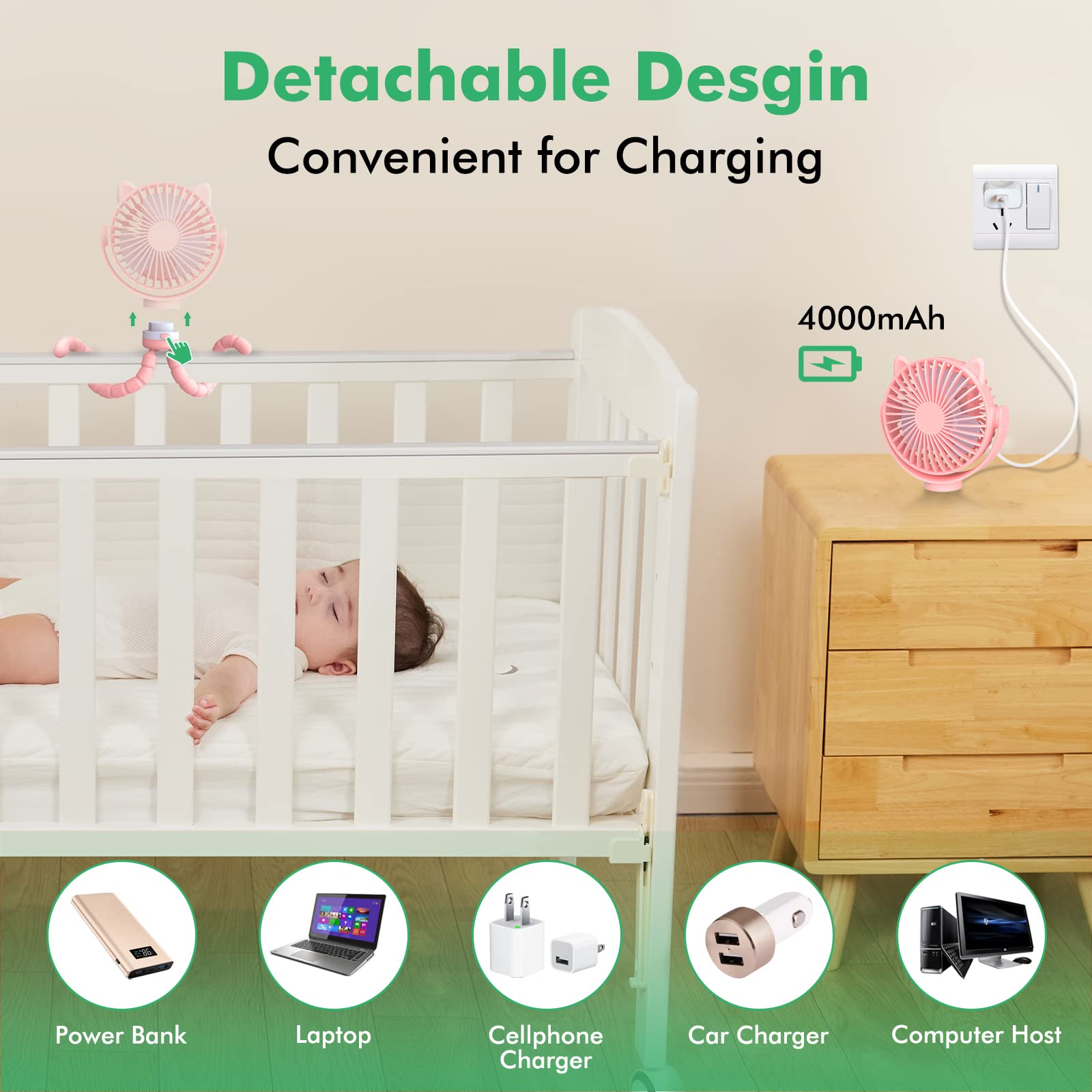 Ventilateur Poussette portable rechargeable 4000mAh mini ventilateur de refroidissement pour bébé avec trépied flexible pour lit d'enfant siège auto