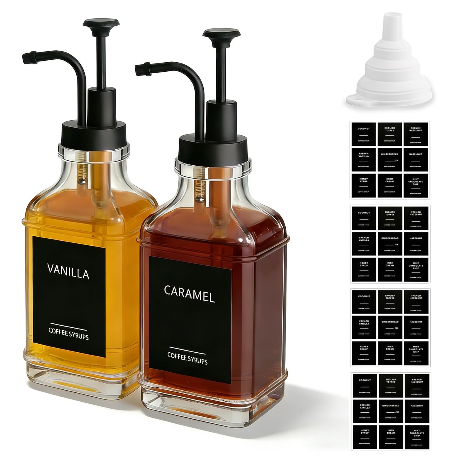 Meetoz Black -2Pack Syrup Dispenser, 16.9 Oz/ 500 Ml Coffee Syrup Dispenser, With Elegant Pump, 36 Labels & Funnel, Modern Coffee Station Accessories, For Coffee Bar, Kitchen, Honey,Bar,Milk Tea Toppings (Black -2Pack)