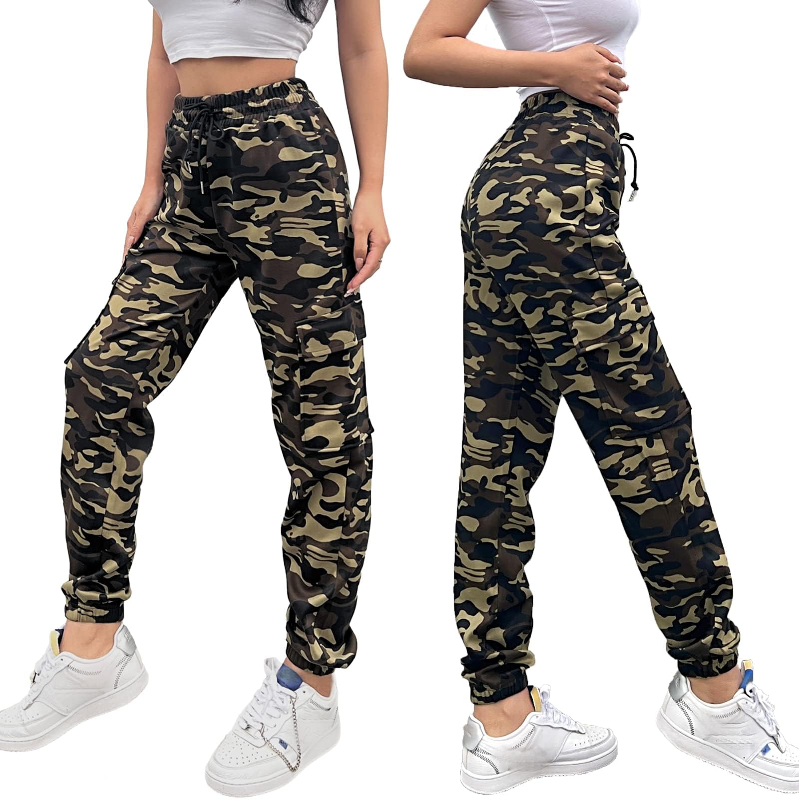 Nuofengkudu Joggers Camuflaje Pantalon Deportivo Mujer Elastico Cintura Alta con Cordon Cargo Bolsillos Tobilleros Harem Pantalones de Chándal Deporte Adolescente Jogging Casual