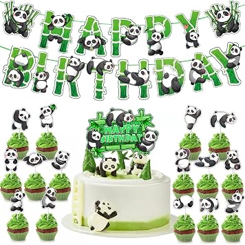 Panda Bear and Bamboo Theme Happy Birthday Banner Cupcake Toppers Cake Decoration Photo Booth Props for Children Birthday Baby Shower Party Decor Supply
