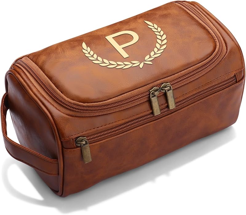 Necessaire de viagem OXYEFEI com inicial personalizada, couro sintético, Light Brown, modelo P