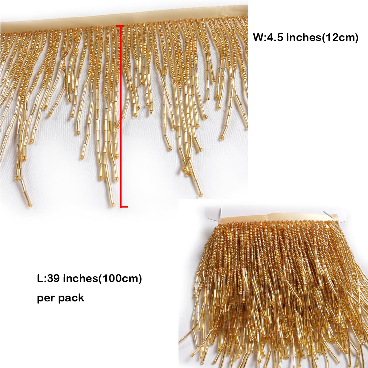 Perline dorate con frange e perline in vetro con perline ondulate a forma di acqua con frange per accessori di abbigliamento, decorazione fai da te