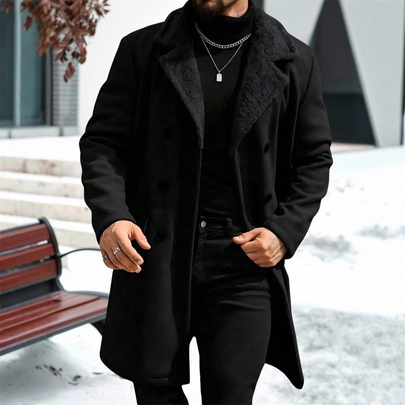 Trench - Giacca a vento da uomo, doppiopetto, in pile, foderata, con colletto rovesciato, per le mezze stagioni, in peluche, per autunno e inverno, termico, lungo