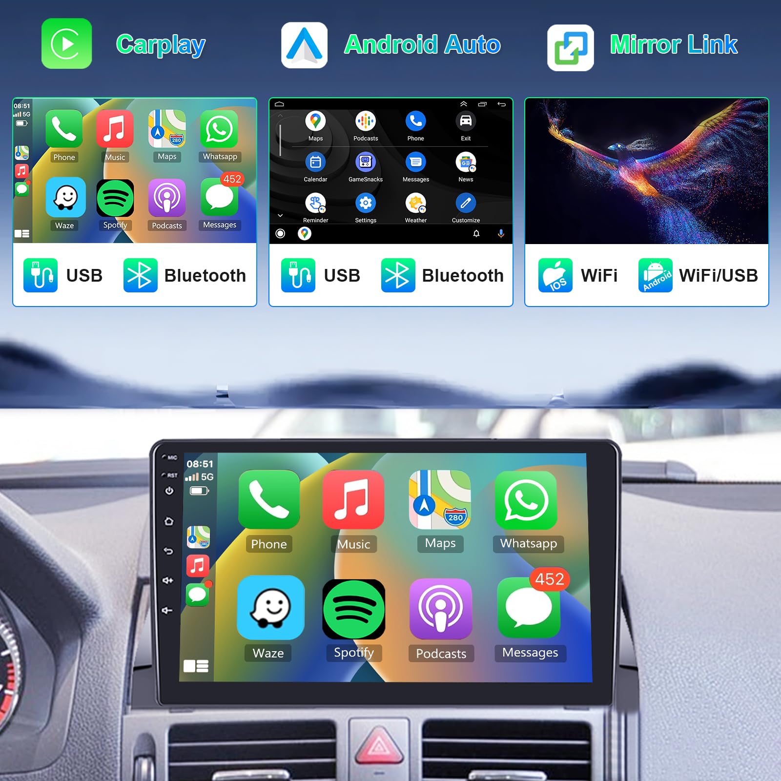 Hodozzy 8 Core Autoradio 4G+64G für Mercedes-Benz C-Klasse W204 S204 2007-2010 Android 9 Zoll IPS Bildschirm GPS Navi mit Carplay Android Auto Mirror Link 2DIN Autoradio Bluetooth DSP WiFi RDS Kamera