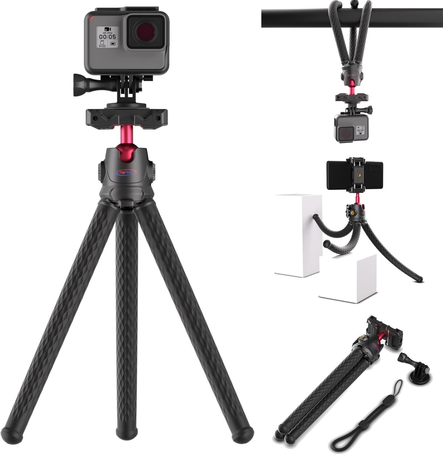 Digicharge 12’’ Flexible Tripod for GoPro Lit Hero, Hero13 13, Max 2 Hero12 12 DJI Osmo Action 5 Pro Bendable Action Cam