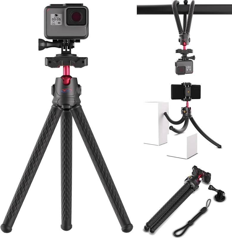 12'' Octopus Flexible Tripod Camera & Action Cam Mount Stand | For GoPro Lit Hero, Hero13 13, Max 2 Hero12 DJI Osmo Action 5 Pro Bendable Action Cam/Cell Phone/Camera Gorilla Tripod 360