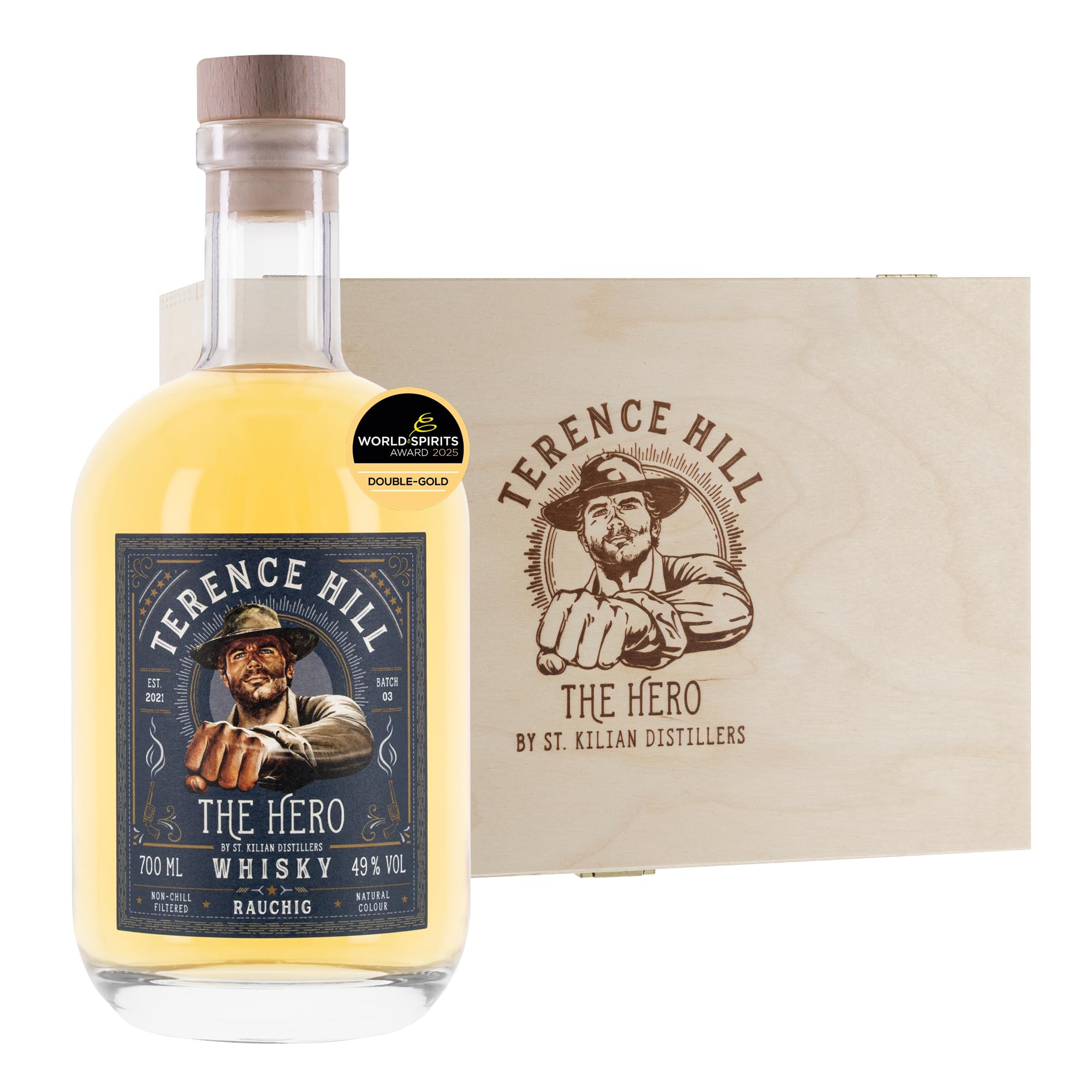 Terence Hill Whisky Geschenk Box - The HERO - [RAUCHIG 49% Vol, 0,7l] Premium Whiskey aus ausgewählten Fässern - Bud Spencer und Terence Hill Fanartikel - Whisky Geschenke für Männer