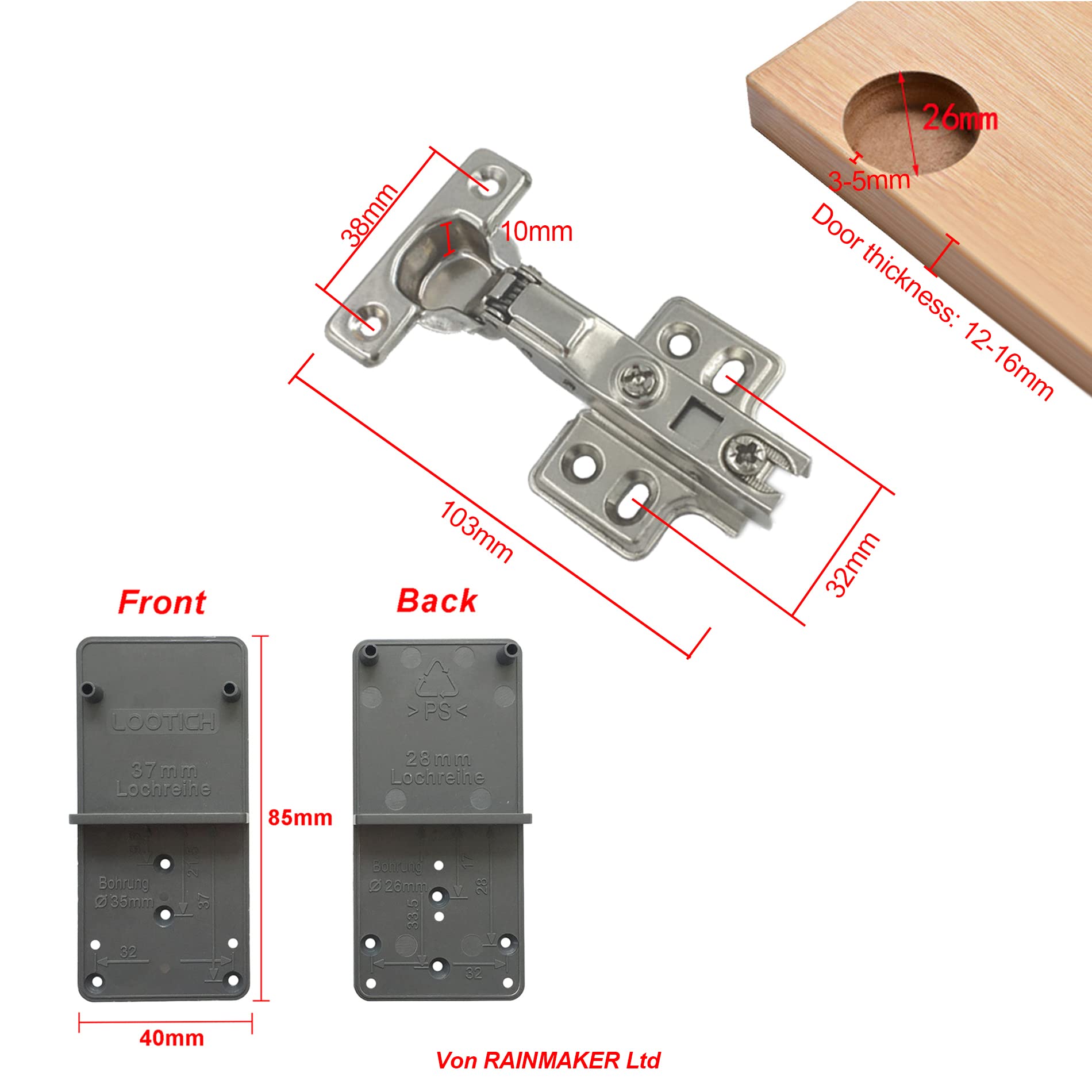 LOOTICH 90 Degree Half Overlay 26 mm Soft Close Hinge with Hydraulic Damper for Kitchen Cabinet Cupboard Wardrobe Light Door Automatic Hinges with Cushioning Pack of 4 with Drilling Template - Image 3