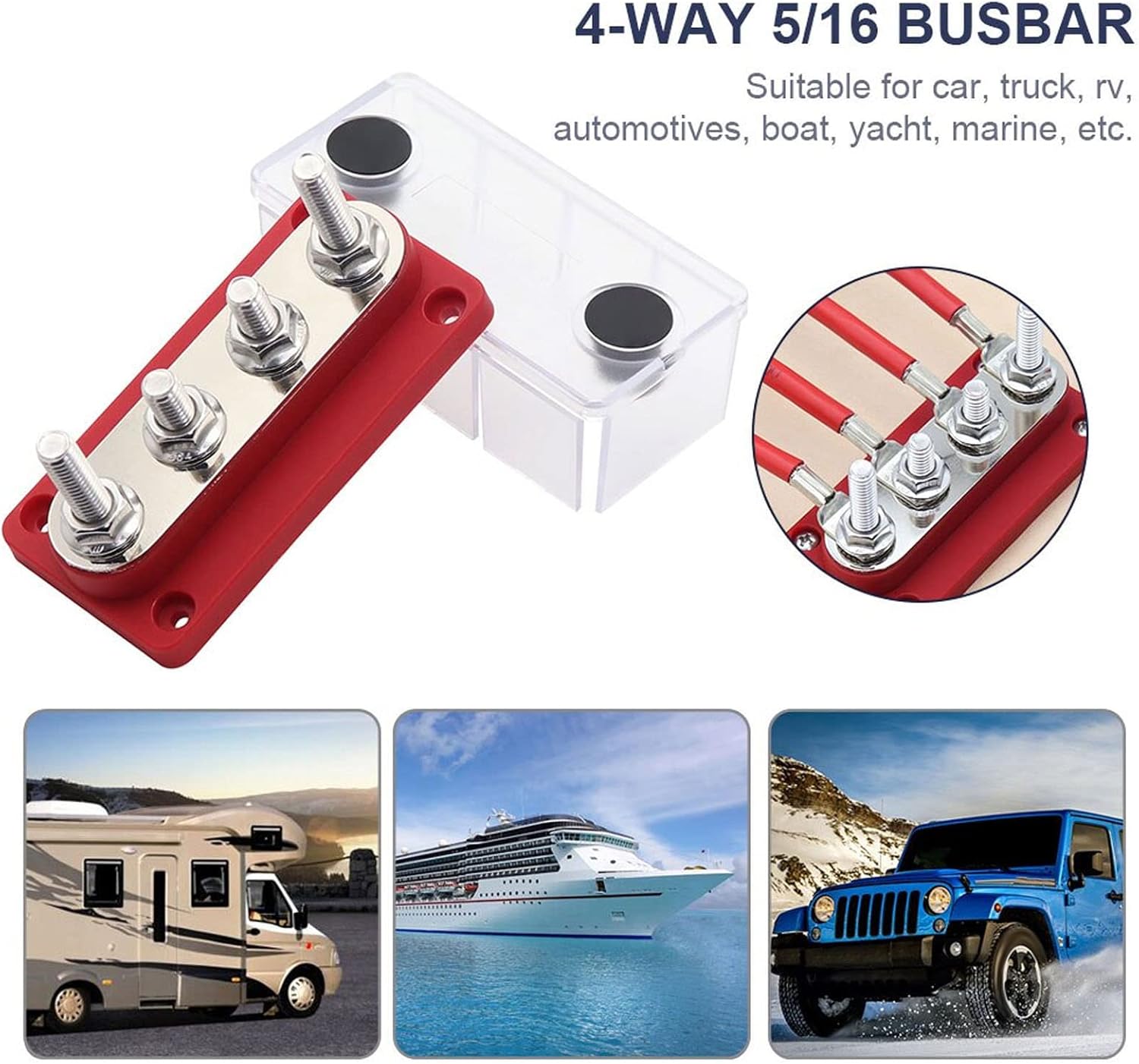 Power Distribution Block, 4 Terminal M8 Screw Bus Bar, DC 12V - 48V 300A - Neat Wiring Management, Plated Brass Contacts, Automotive Marine Use (Red)