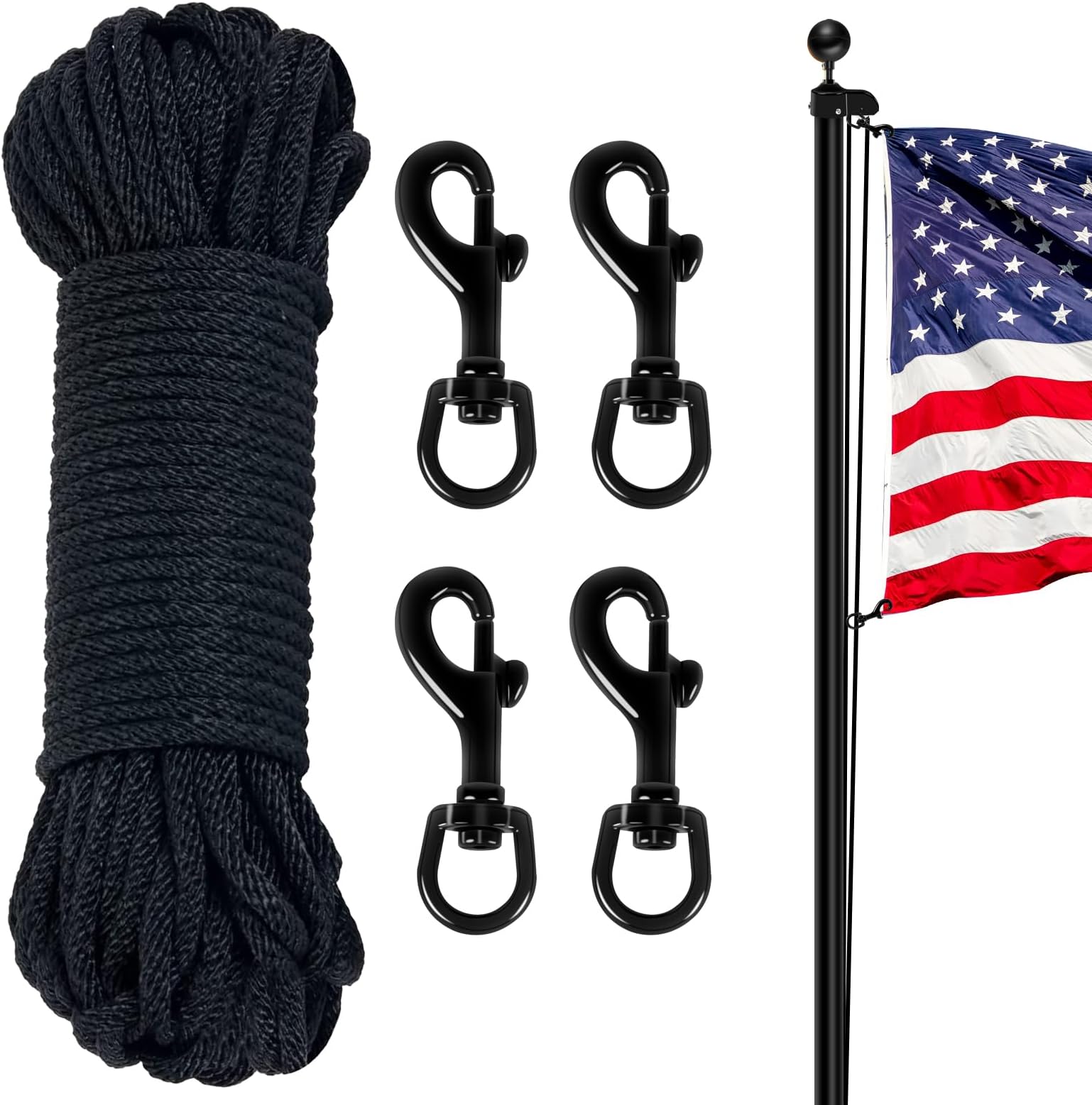NQ Flag Pole Rope Line Kit-50FT x 1/4" Diameter Nylon Flag Pole Halyard Rope with 4 Pcs Swivel Snap Clips Hooks Fits Flagpole Up to 25FT,Outdoor Flagpole Camping Pet Tent Hardware Accessories (Black)