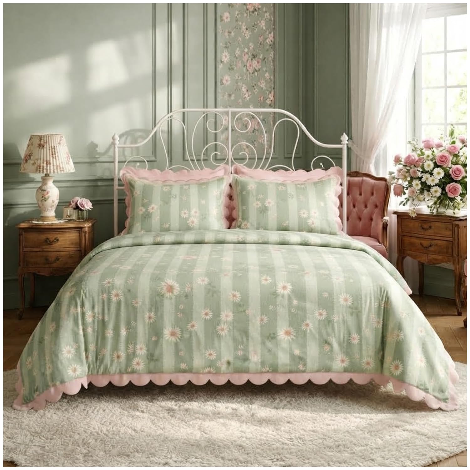 GC GAVENO CAVAILIA Daisy Floral Double Duvet Cover Set - Sage Green