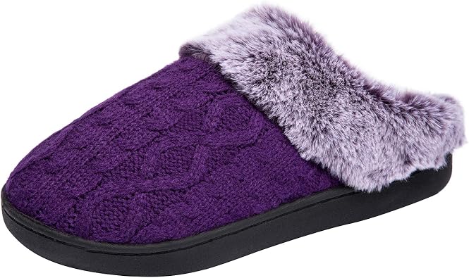 WOTTE Womens Cable Knit Slippers Faux Fur Lining Furry Collar Memory Foam Clog Shoes