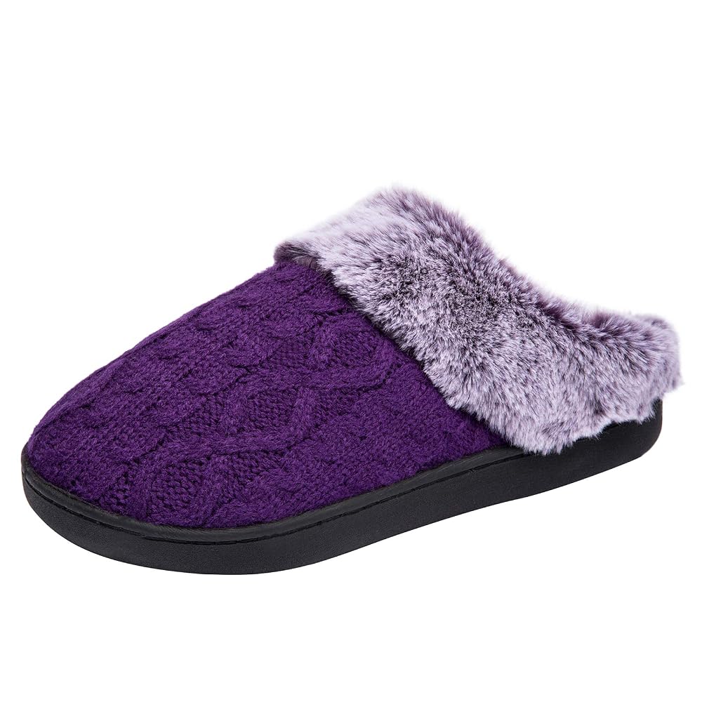 Amazon.com | WOTTE Women's Cable Knit Slippers Faux Fur Lining Furry Collar Memory Foam Clog shoes Size 12-13 Purple | Slippers