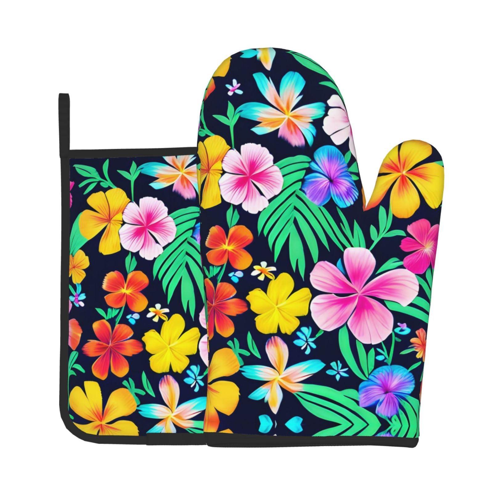 Oven Mitts and Potholders Set of 2 for Kitchen Baking Cooking GrayColorful Flowers Thick and Durable