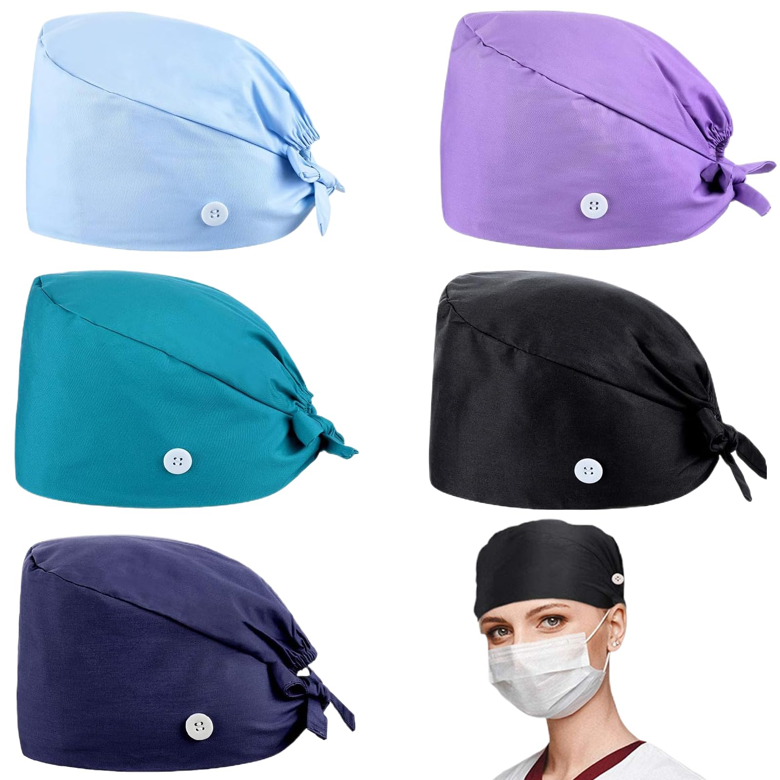 Peosaard 5Pcs Surgical Cap, Nurse Hat Sweat Absorbent Scrub Caps Free Size Adjustable Surgical Cap With Button 5 Colors Polyester Cotton Nursing Caps, Nursing