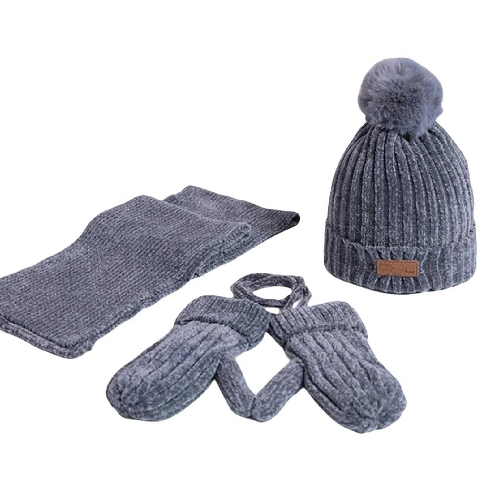 Zonto Wintermütze Schal Handschuh-Sets 3-Teilige Set Von Winter Kinderhutschalhandschuhe Für Kinder Jungen Mädchen Warm Pom Pom Hut Halsschal-Grau-3-36 M Eine Größe