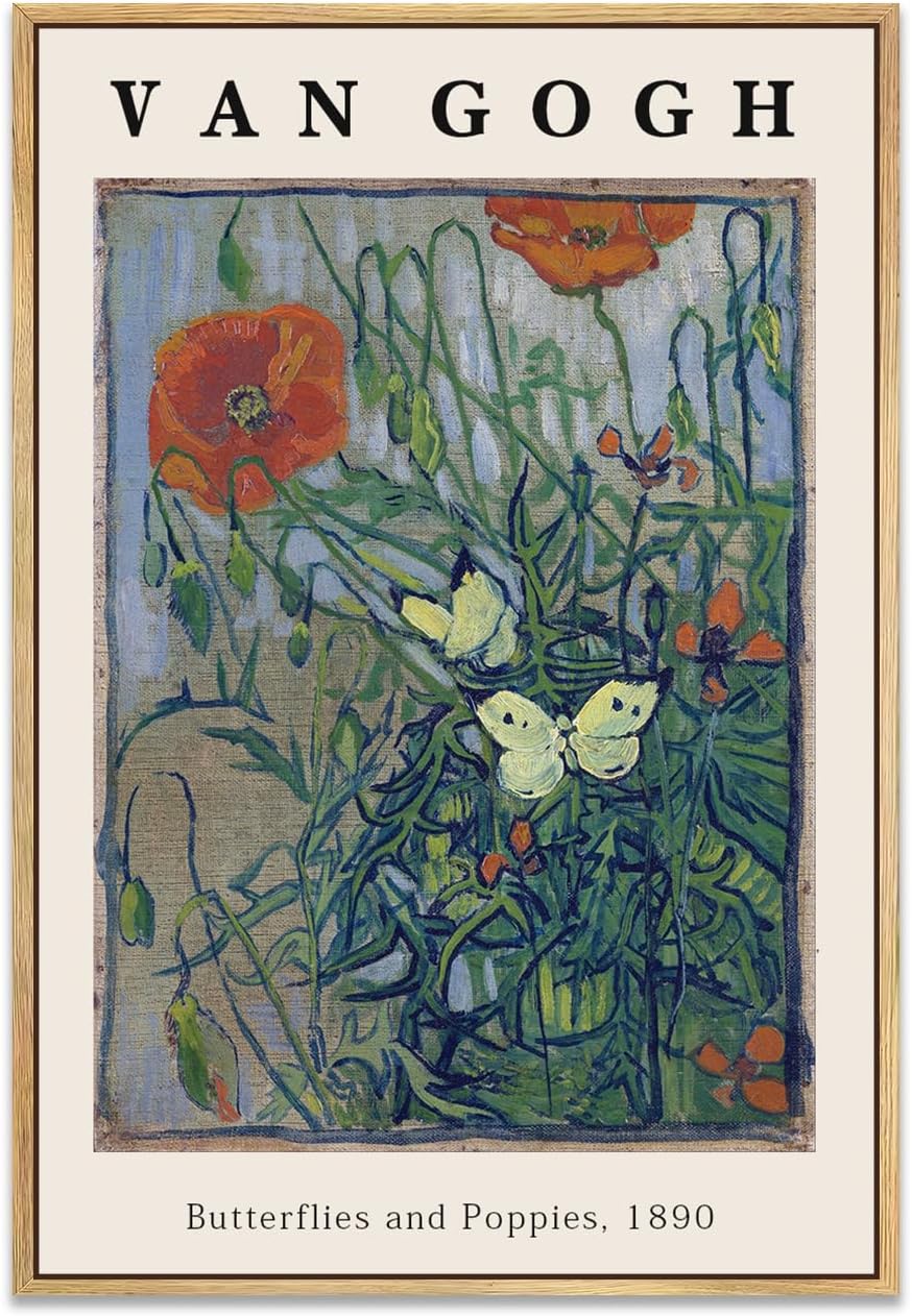 Eliko Framed Canvas Print Wall Art Butterflies And Poppies Flowers Painting Reproduction Ready To Hang Living Room Bedroom Kitchen Office Home Decor 24"x 32" Natural Framed