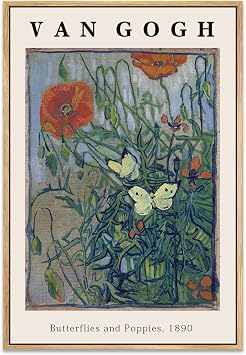 Eliko Framed Canvas Print Wall Art Butterflies And Poppies Flowers Painting Reproduction Ready To Hang Living Room Bedroom Kitchen Office Home Decor 24"x 32" Natural Framed