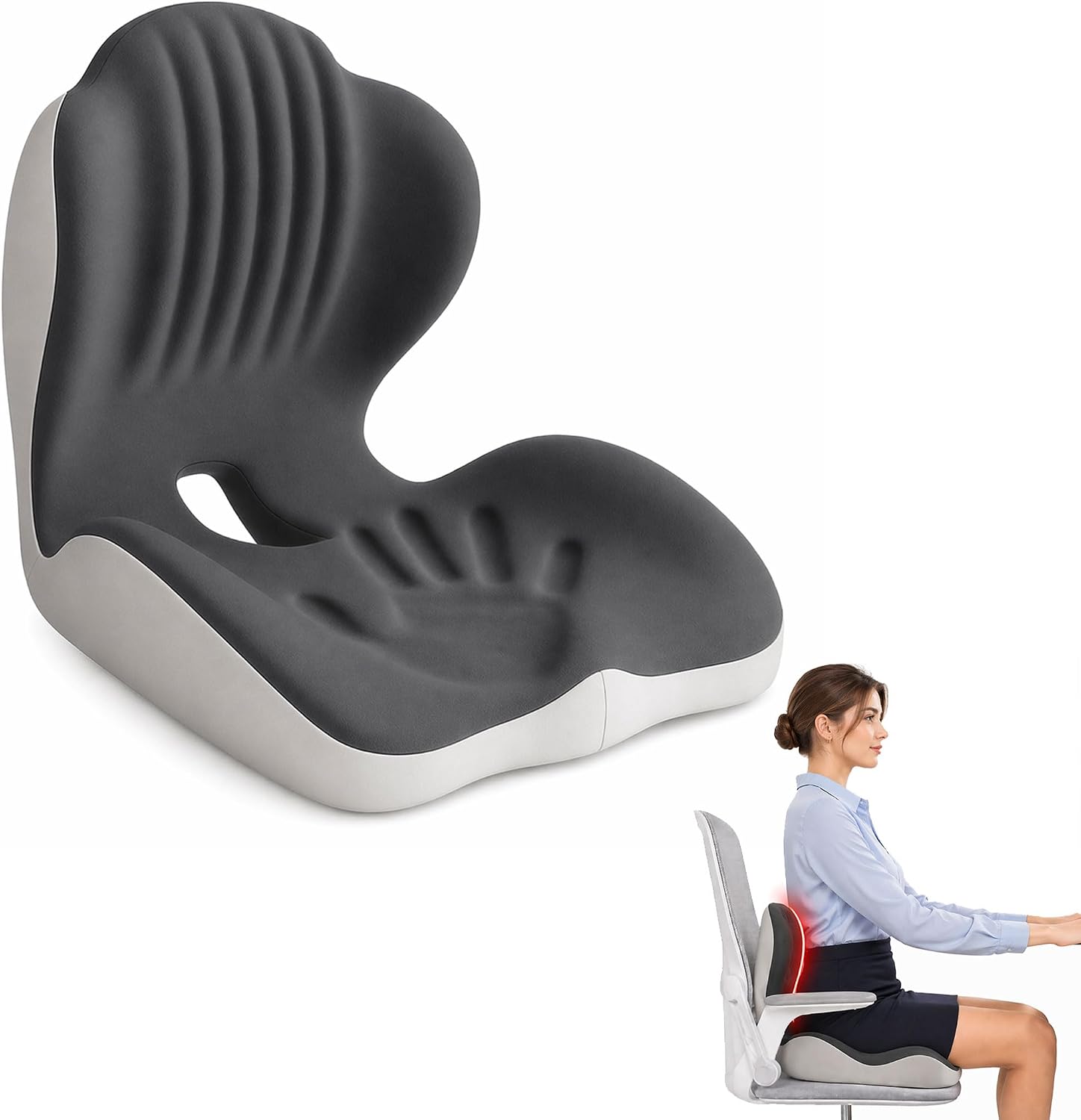 Pain Relief Ergonomic Seat Cushion with Lumbar Support, Memory Foam, L-Shaped, for Office Chair, Car Seat, Gaming Chair (Black+Grey)