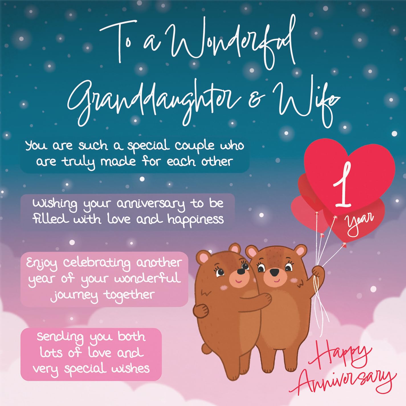 Hunts England, Granddaughter And Wife 1st Anniversary Card, Starry Night, Cute Bears - Image 2