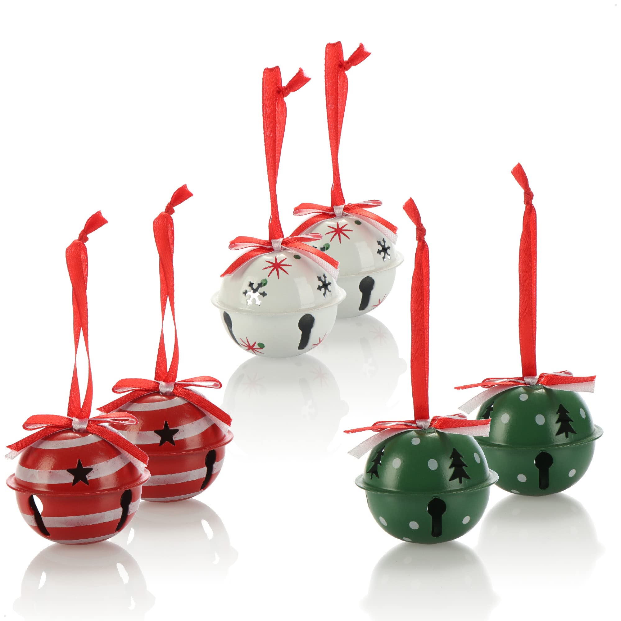 com-four® 6X Adornos Colgantes para Navidad de 6 cm Ø - Campanas de Metal para Colgar - Campanas Decorativas de hojalata como Colgantes para Ventanas, Puertas y árboles (Verde Rojo Blanco)