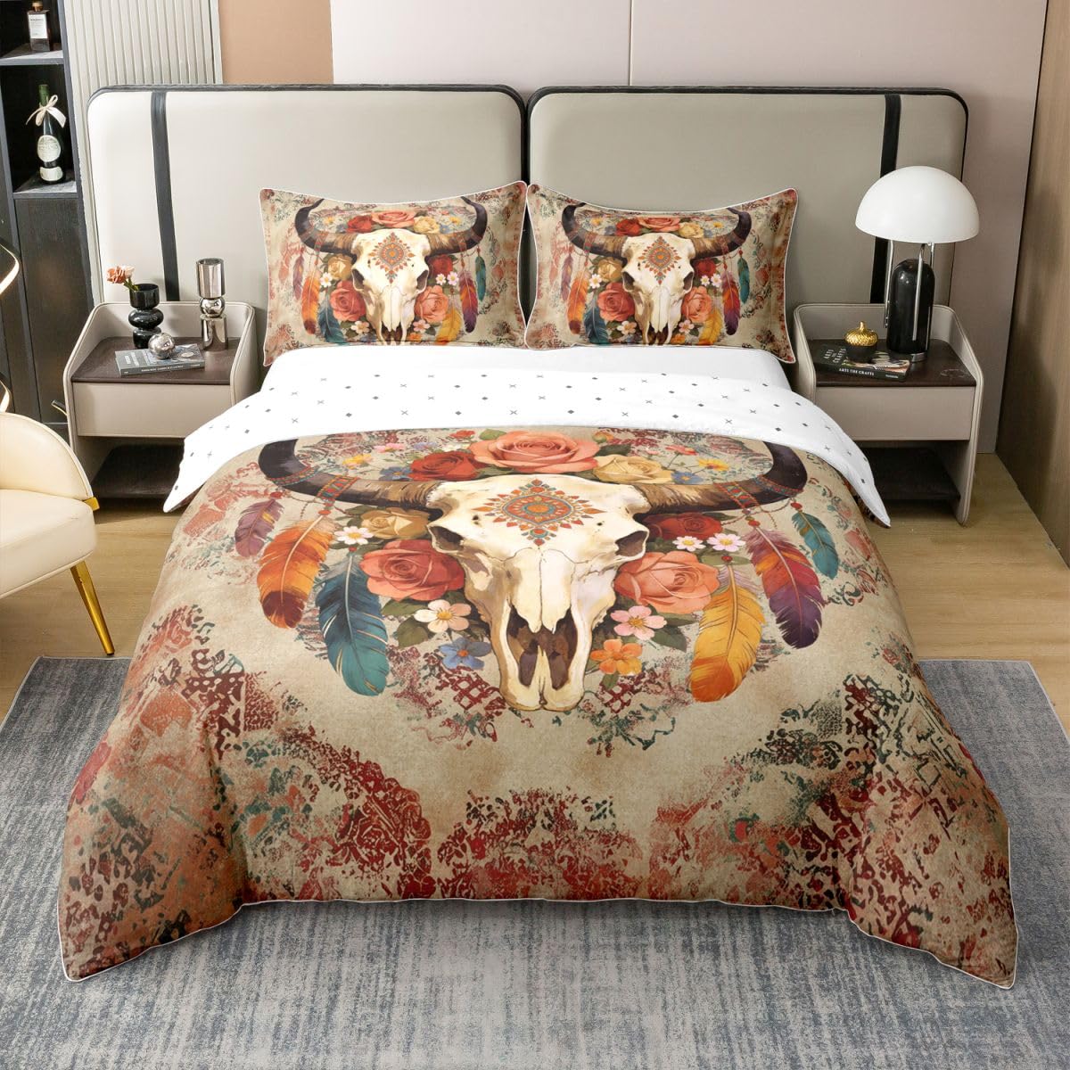 Bull czaszka 100% naturalna bawełna, kołdra w rozmiarze S, motyw głowy krowy, zachodni kowbojski, zestaw pościeli w stylu boho, etniczny, beżowy, 2 szt