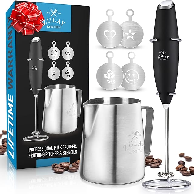 Zulay Milk Frother Complete Set - Handheld Foam Maker for Lattes - Whisk Drink Mixer for Bulletproof Coffee, Mini Blender Perfect for Cappuccino, Frappe - Includes Frother, Stencils and Frothing Cup