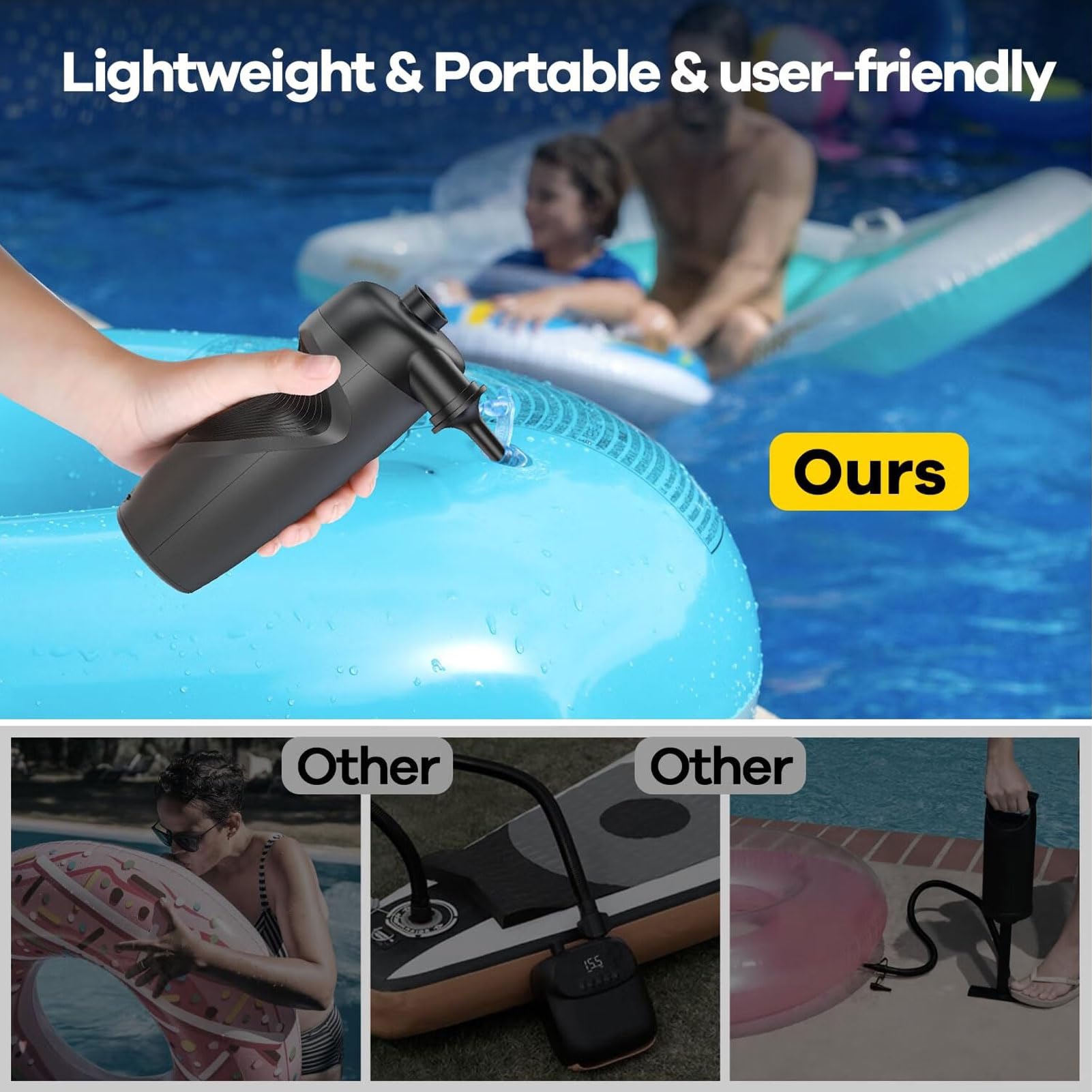 Pompa di Aria Elettrica Gonfiatore a Batteria Sgonfiatore Batteria da 3000 MAh Pompa Portatile con 8 Ugelli Luce a LED per Materasso Ad Aria Piscina Giocattoli da Campeggio
