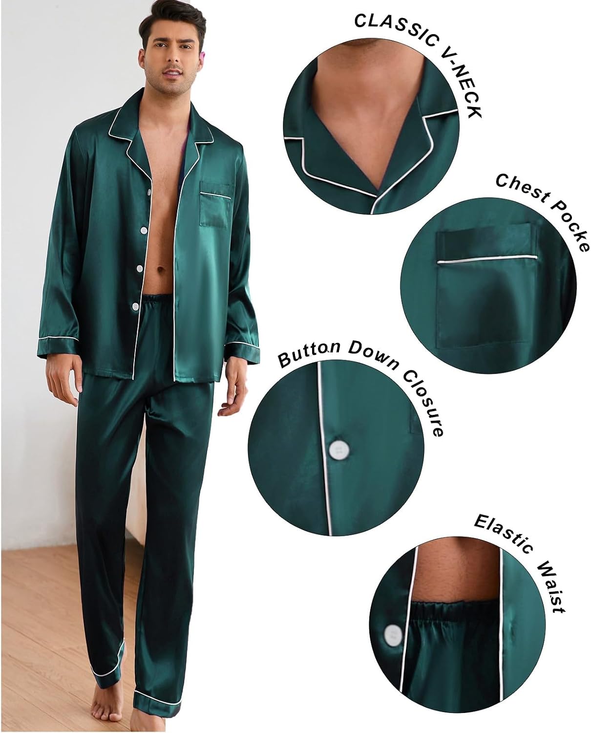 ZUEVI Men's Satin Silky Pajamas set Classic Silk like Sleepwear Set Button-Down Loungwear Two-Piece Pj Sets