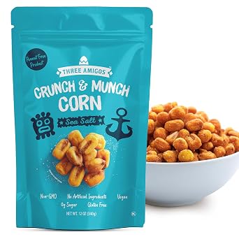 Three Amigos Corn Nuts Sea Salt Flavor, Crunchy Roasted Corn Snack Made from Toasted Corn Kernels, Vegan Gluten & Peanuts Free Non GMO Sugar Free Corn Snacks in Resealable Bag 12 oz