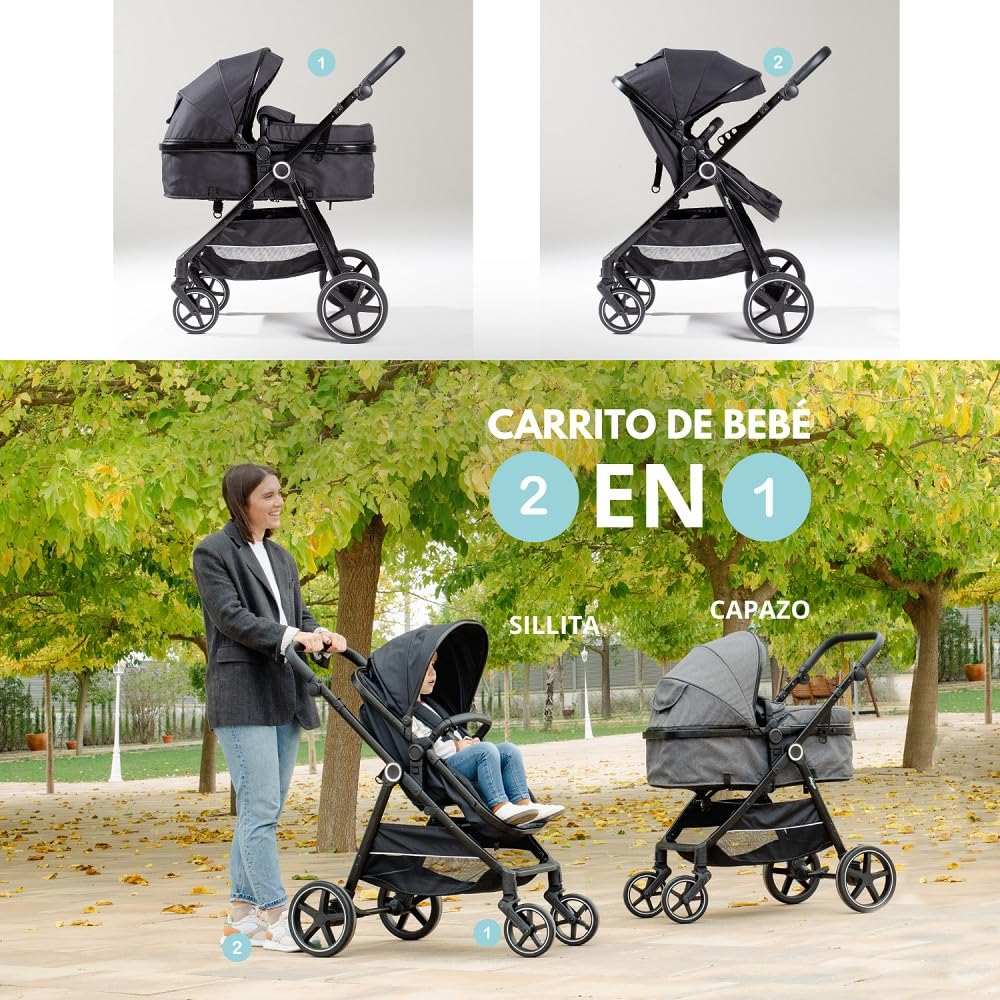 Carrito Bebé 2 en 1 Interbaby VERSA | Cochecito Bebé desde Nacimiento hasta 22 kg | Capazo Extra Grande + Silla de Paseo Reversible | Suspensión 4 Ruedas, Plegado Rápido | Carrito Recién Nacido Negro