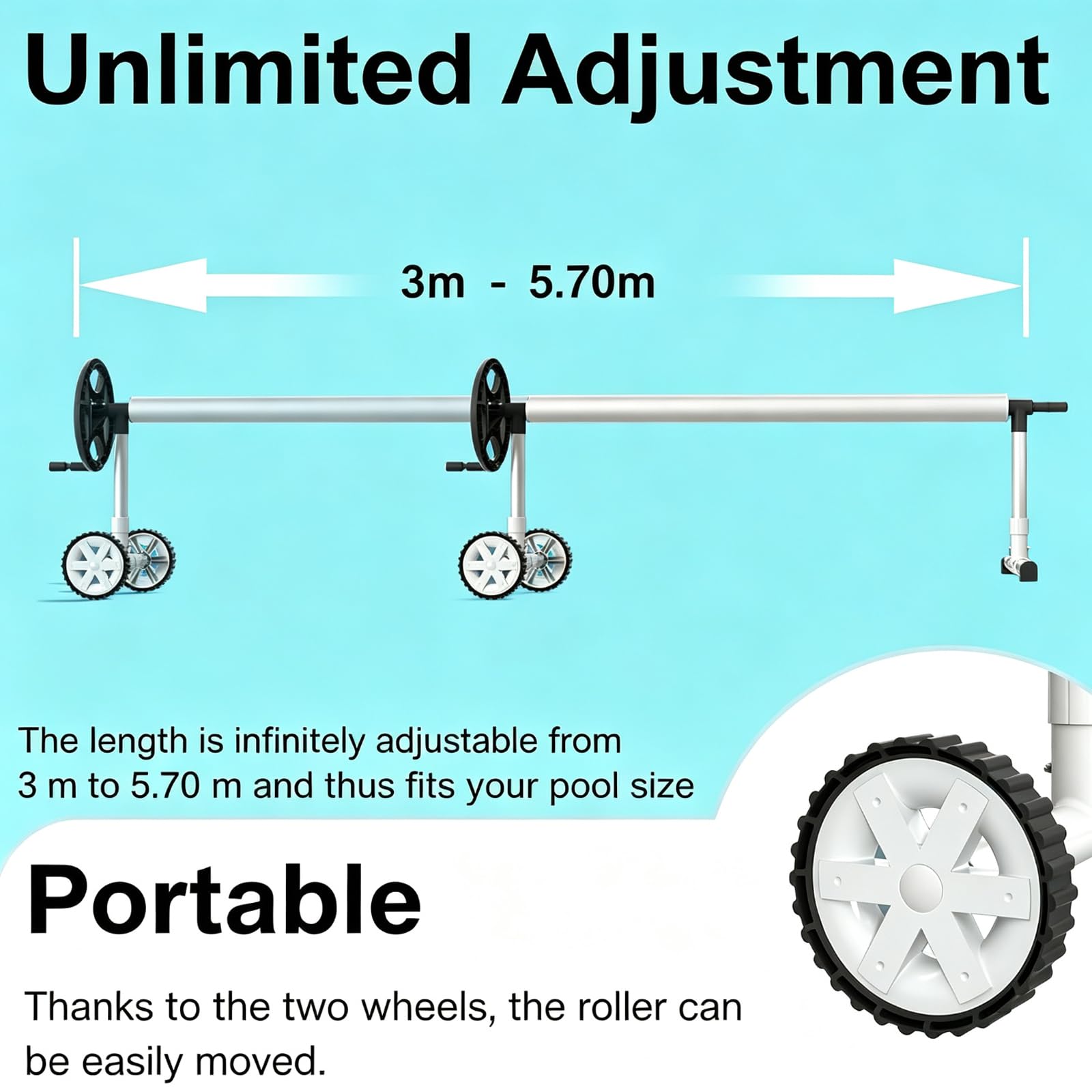 Enrouleur de Bâche 3 m - 5,7 m Réglable, Système d'enroulage en Aluminium avec manivelle et Roues, Télescopique Enrouleur de Piscine pour Solaire Mobile