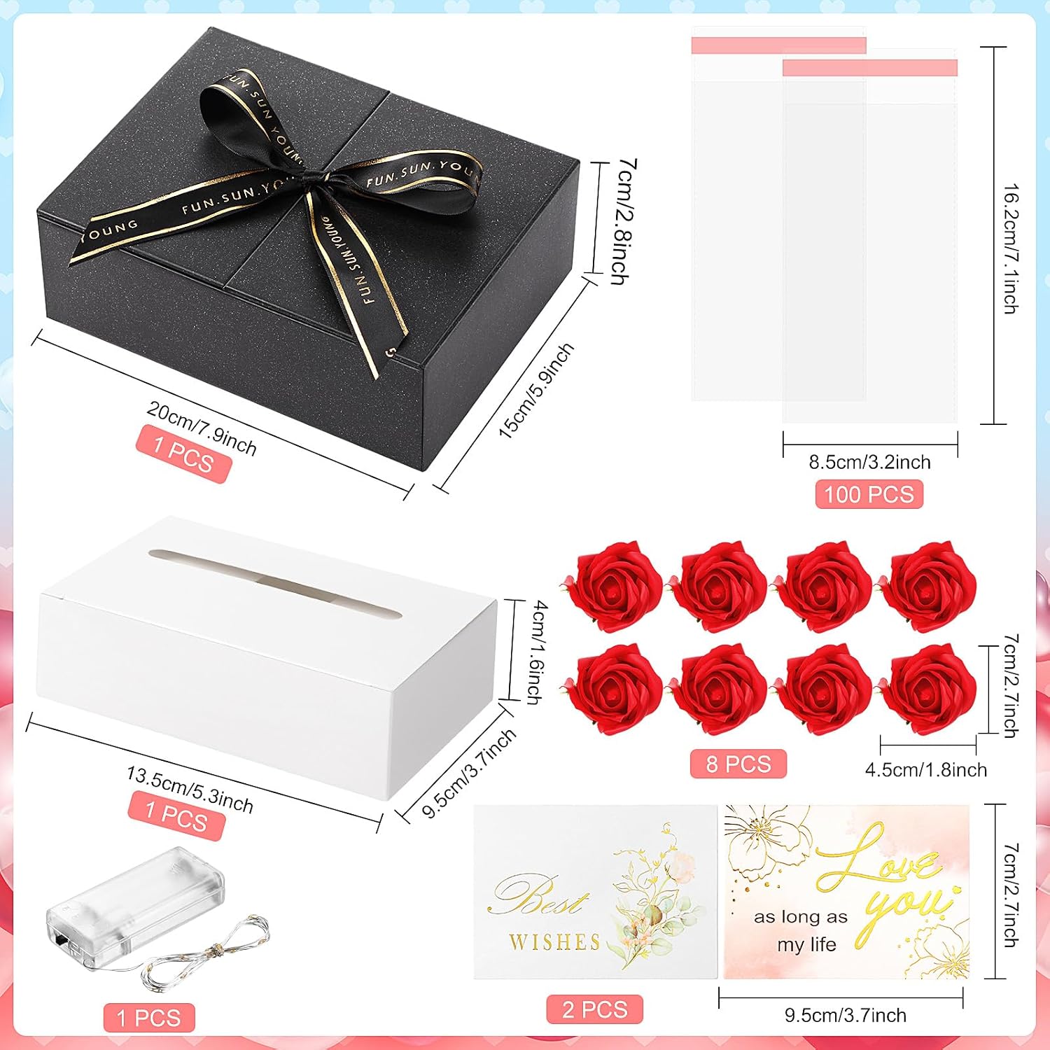 Resholder Money Pull Box for Cash Gift Money Pull out Gifts with 8 Rose 2 Greeting Card 1 Light String for Teacher Husband Wife Birthday Anniversary Christmas(Black)