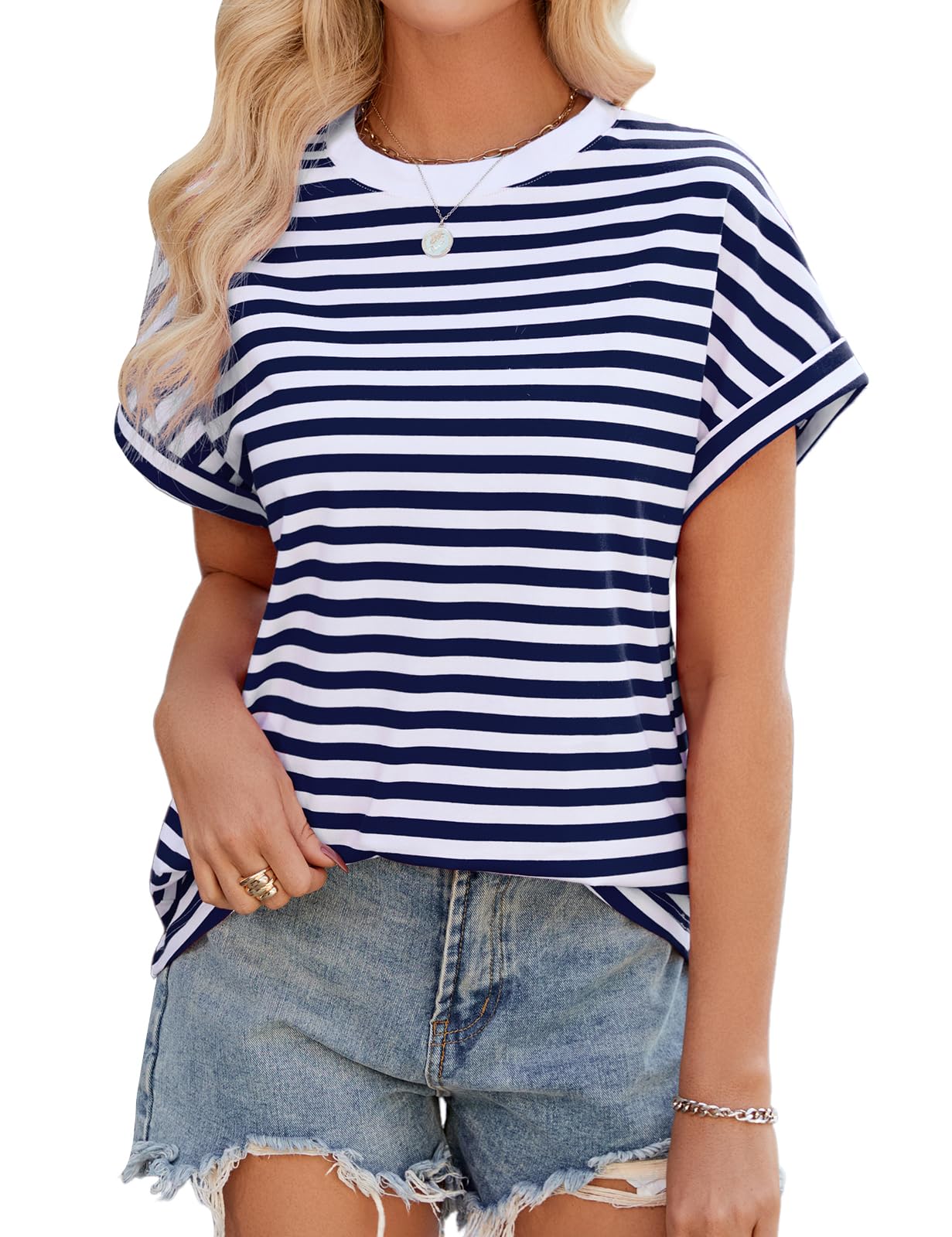 Lonya Tshirt Damen Sommer Oversize Top Kurzarm Rundhals Oberteil Locker Casual Elegant Bluse Gestreift Tee Shirts
