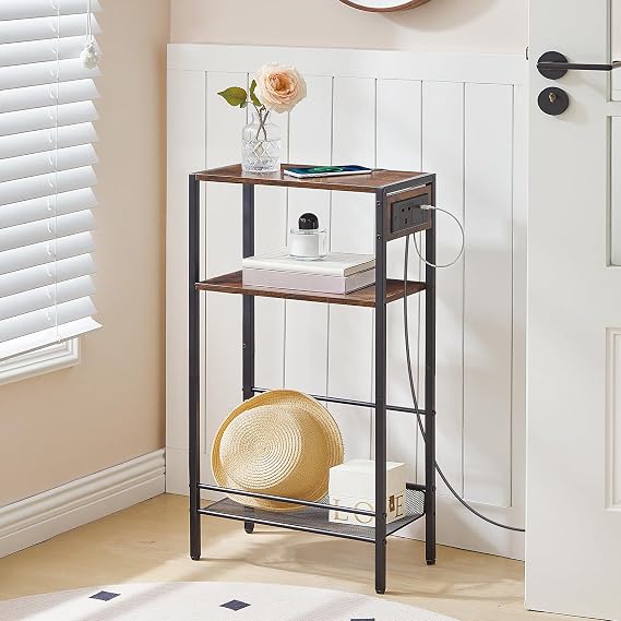 HOOBRO 3-Tier Console Table with Charging Station (1AC, 1USB, 1Type-C), Hallway Table with Adjustable Shelf, Small Side Table with Storage for Living Room, Entryway, Rustic Brown EBF42KXG01