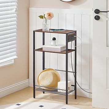 HOOBRO 3-Tier Console Table with Charging Station (1AC, 1USB, 1Type-C), Hallway Table with Adjustable Shelf, Small Side Table with Storage for Living Room, Entryway, Rustic Brown EBF42KXG01