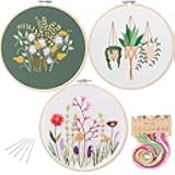 3 Pack Embroidery Starter Kit with Pattern, Kissbuty Full Range of Stamped Embroidery Kit Including Embroidery Fabric with Pattern, Bamboo Embroidery Hoops, Color Threads and Tools Kit (Floral Plants)