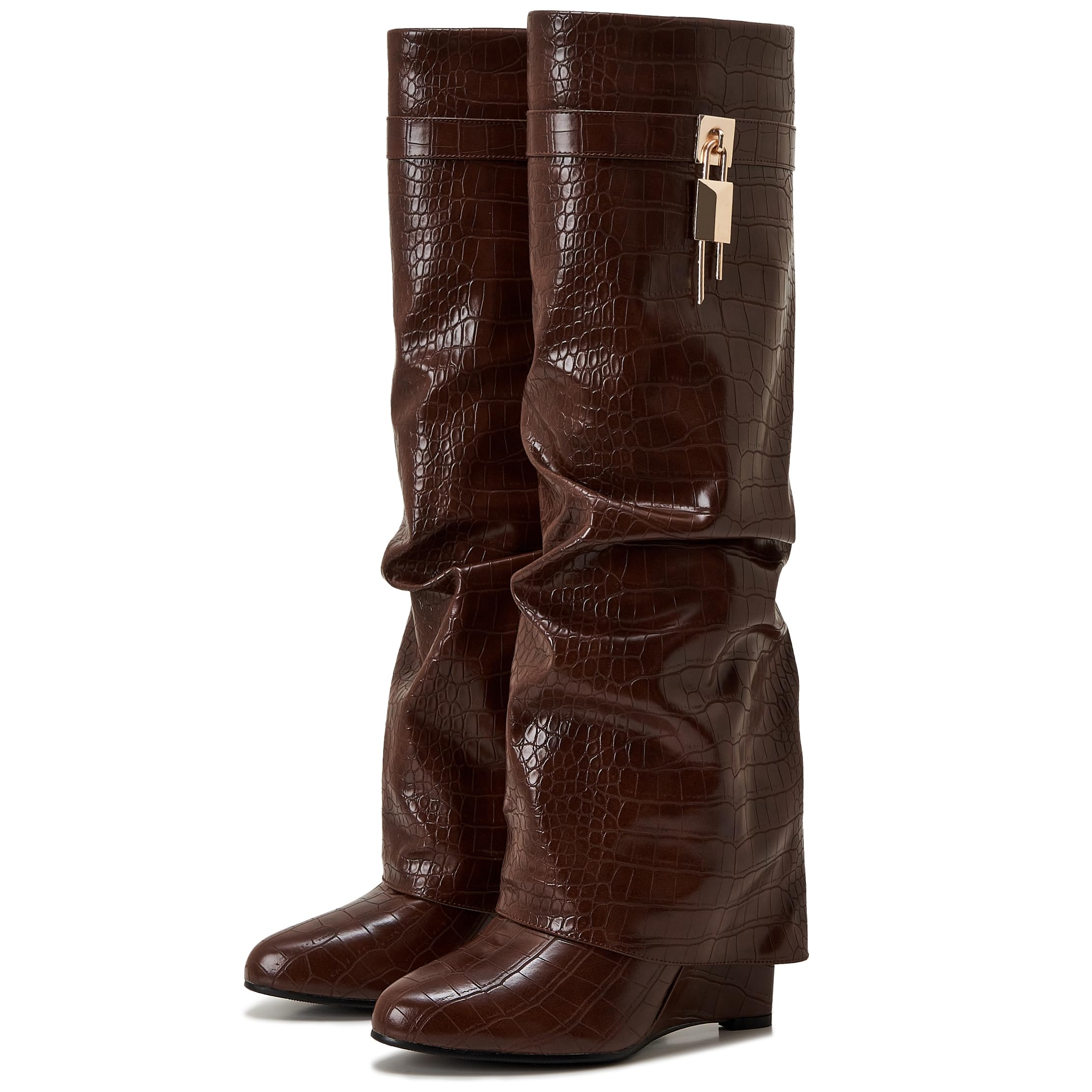 Women's Fold Over Knee High Shark Boots 4-Inch Wedge Heel Side Zipper