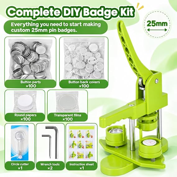 25mm Button Maker Machine, DIY Pin Badge Press Kit with 100pcs Parts