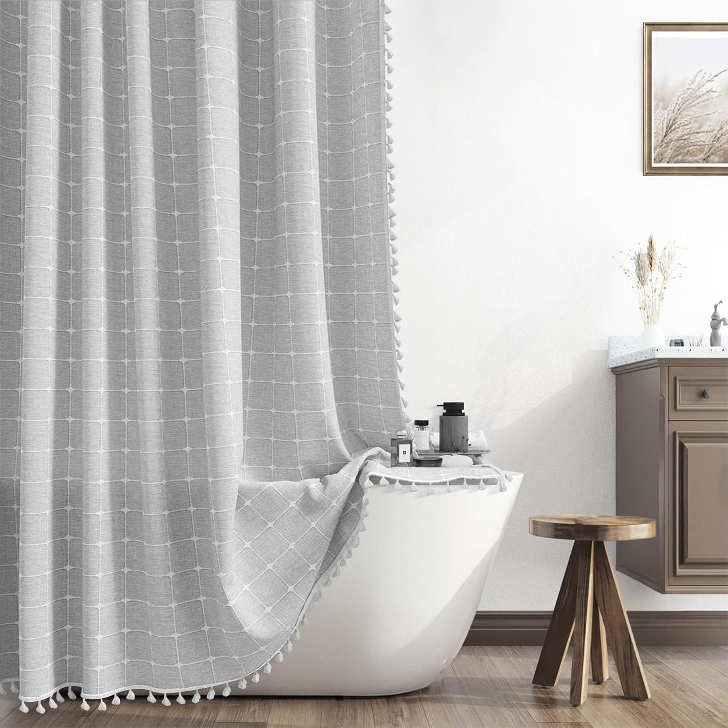 Boho Shower Curtain Fabric Grey Neutral Shower Curtains for Bathroom