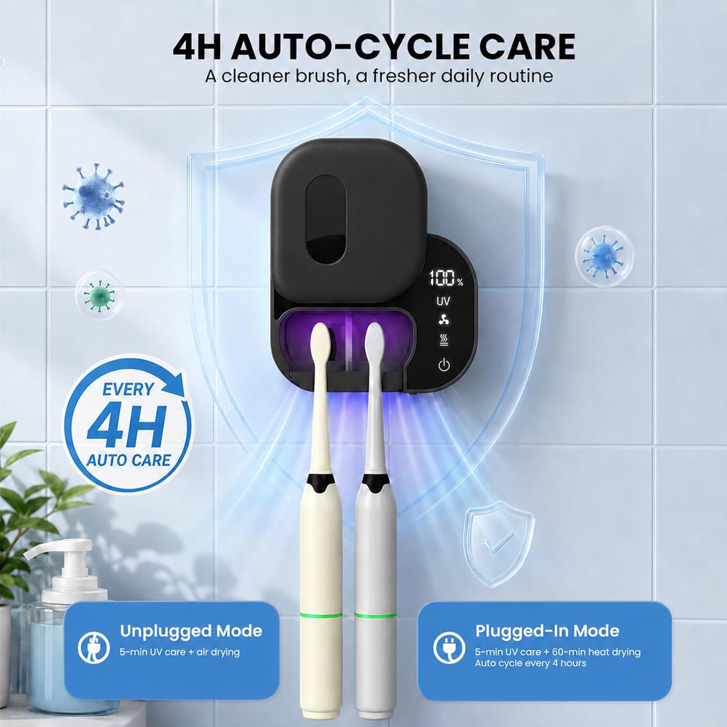 Toothbrush Holder Wall Mounted, Rechargeable with UV Light and Fan Drying, LED Display, Holds 2 Toothbrushes, ABS Material, Auto Shut-Off Black