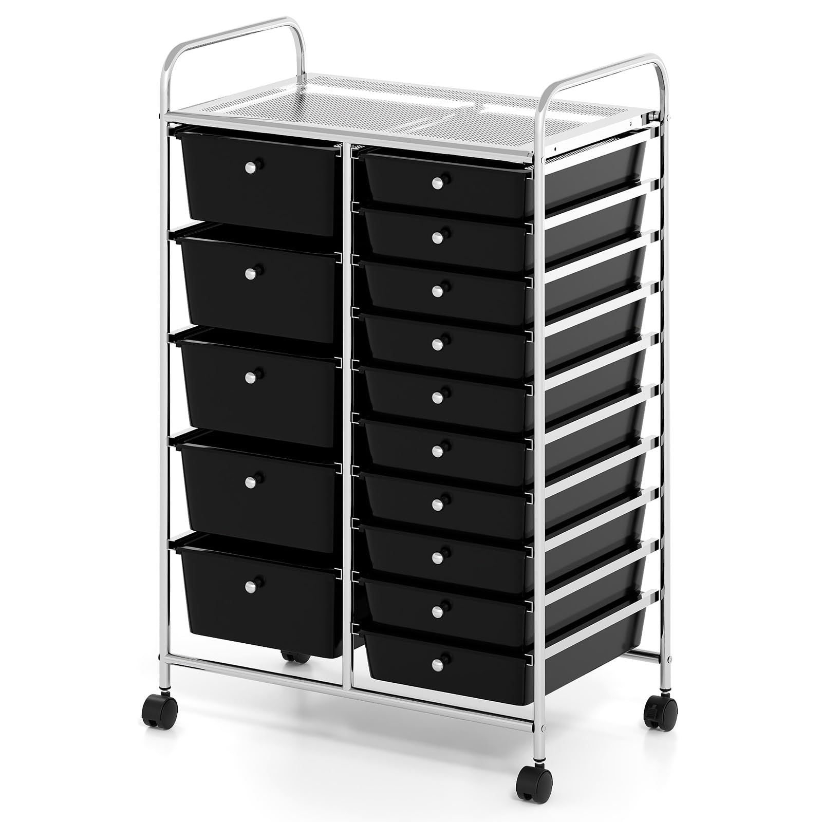 COSTWAY 15 Drawers Storage Trolley, Home Office Stationary Rolling Cart with 4 Wheels, Multipurpose Mobile Organiser Shelving Unit for Makeup Beauty (62 x 39 x 96cm, Black)
