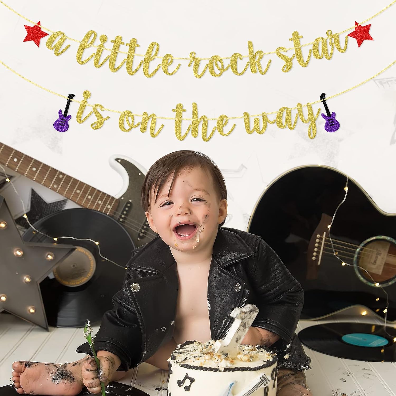 A Little Rock Star is On The Way Banner, Baby Music Star Shower Decor, Welcome Baby Banner, Rock and Roll Party Decorations, Party Rock Sign Gold Glitter