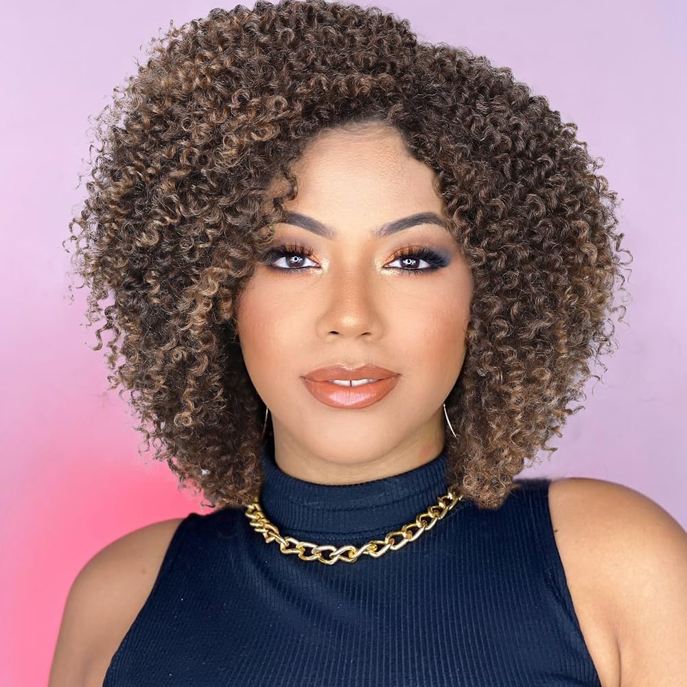 Quantum Love Short Kinky Curly Wigs Side Part Afro Curly Wig for Black Women 6incehs Twist Out African American Synthetic Wigs (T4/27#)
