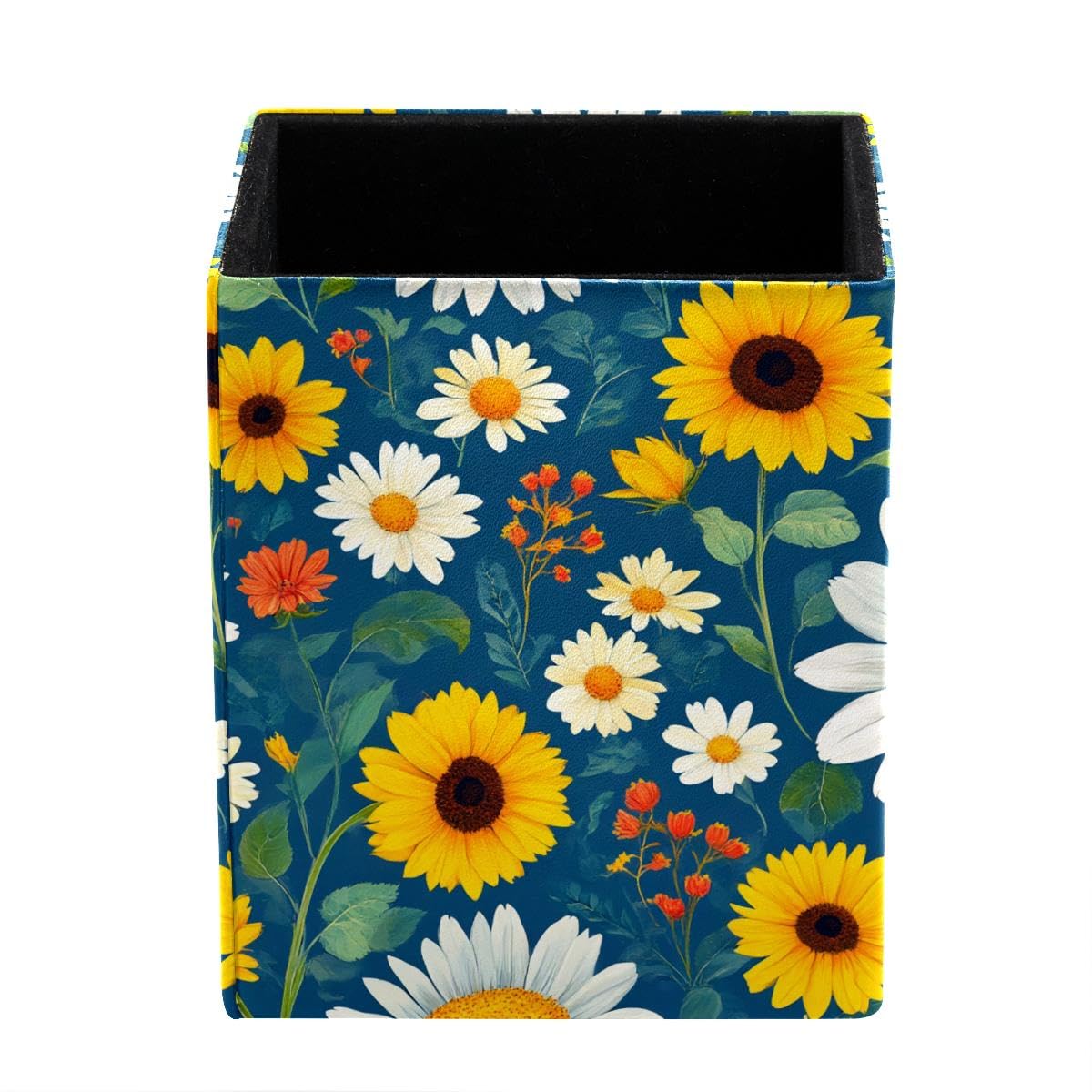 HEOEH Daisies Sunflower Pen Holder Pen Pot, Square Pencil Cup for Desk