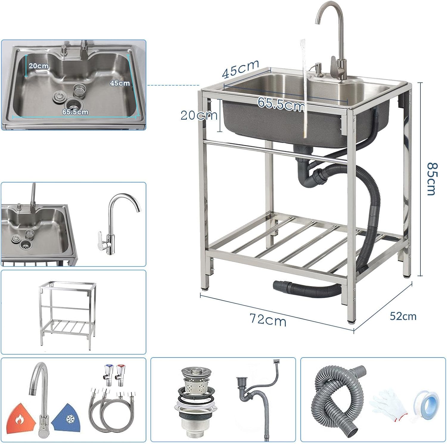 Free Standing 304 Stainless Steel Outdoor Utility Sink Unit with Storage Shelves, Hot & Cold Faucet - Perfect for Kitchen Prep, Laundry Room, Backyard & Garage Use