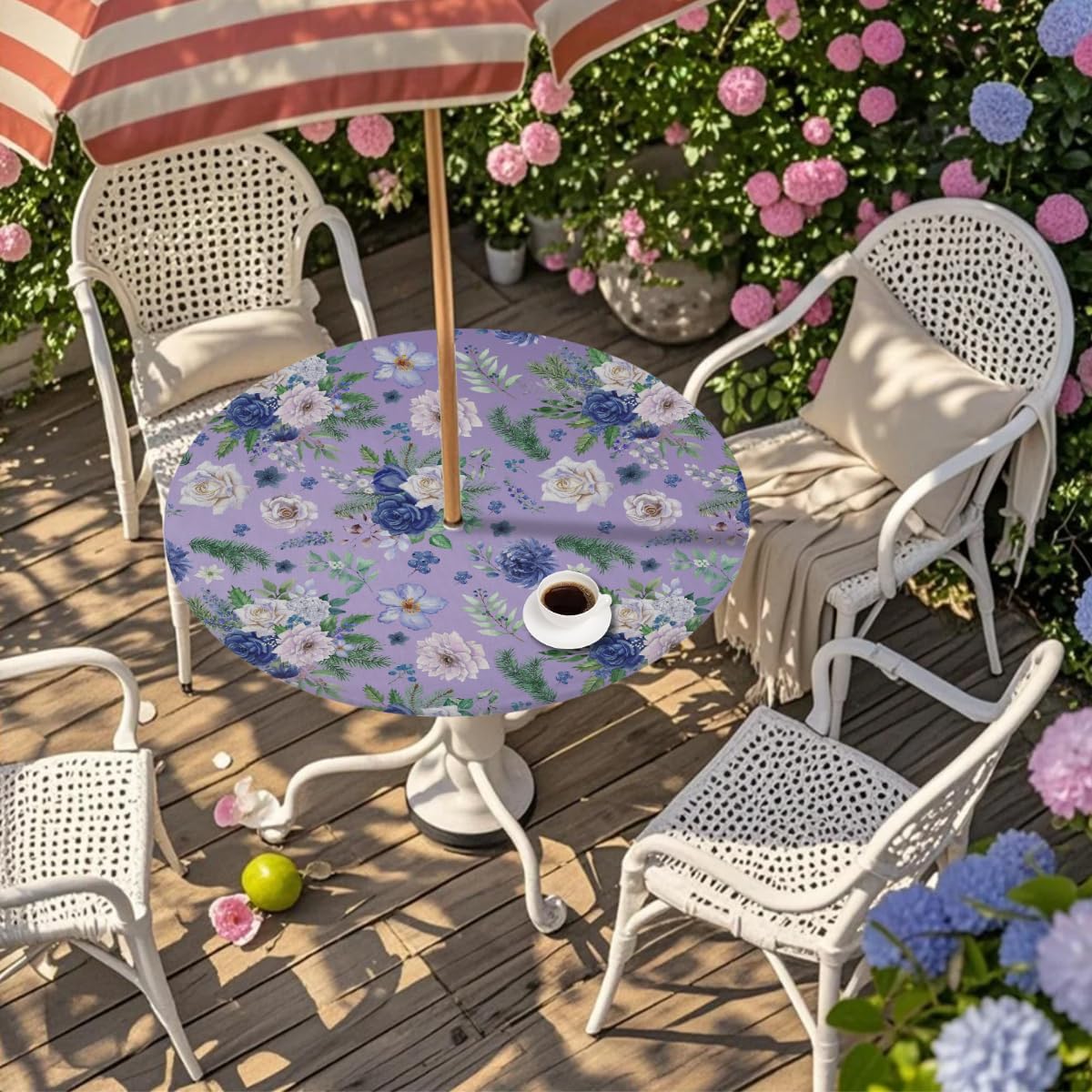 Flower Purple Beautiful Round Outdoor Table Cloth with Umbrella Hole Flower Leaf Outdoor Round Fitted Tablecloth with Elastic Edge Waterproof Circle Table Cover for Patio Garden Picnic (36-44 in)
