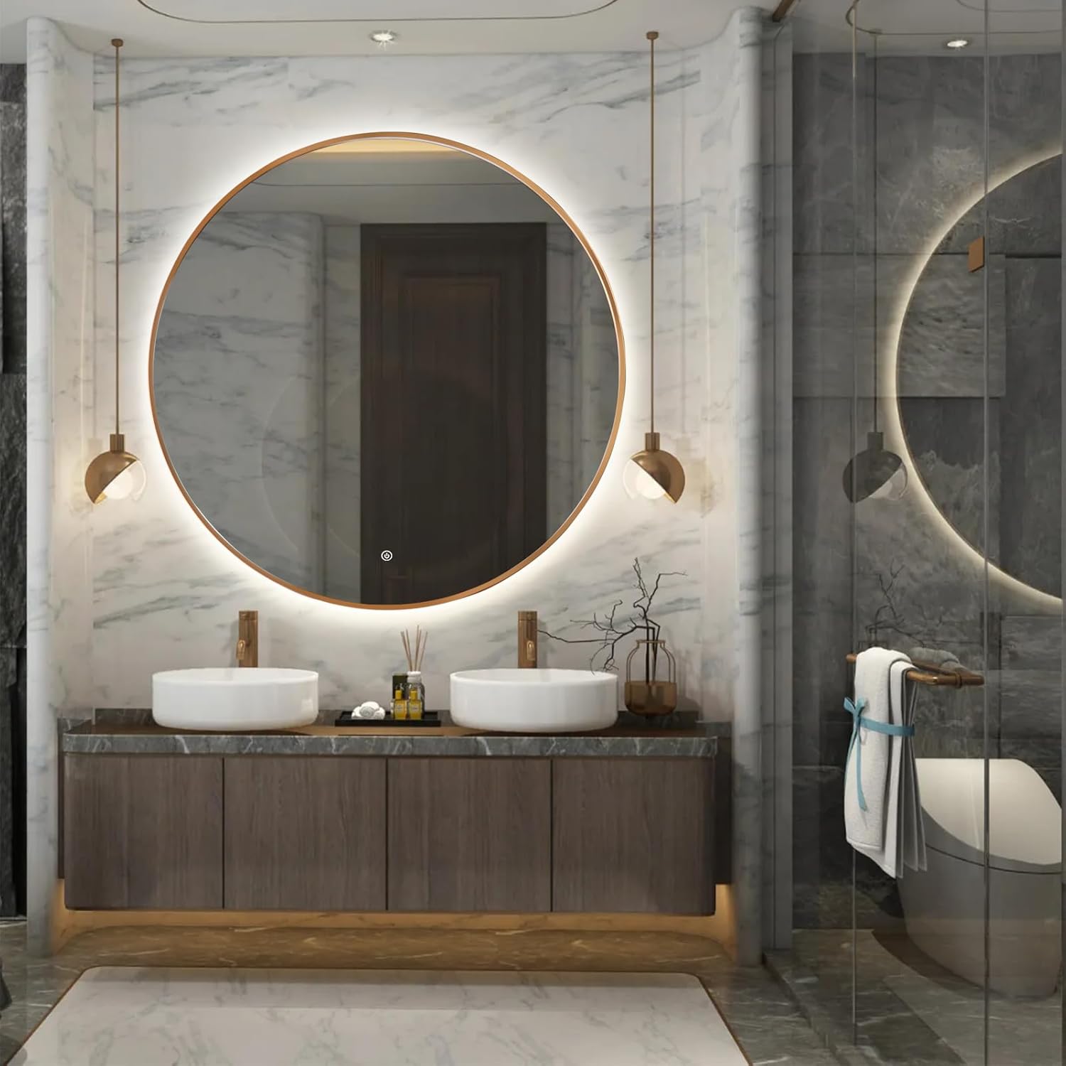 Niccy 48" LED Backlit Round Mirror for Bathroom, Gold Framed Vanity Light Wall Mirror, LED Smart Circle Mirrors with 3 Lighting Colors, Round Lighted Mirror with Anti-Fog, IP65 Waterproof